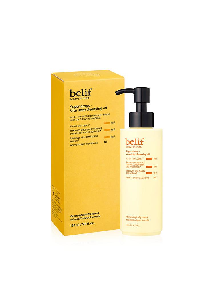 belif Super Drops Vita Deep Cleansing Oil 150ml pump bottle and carton, front view