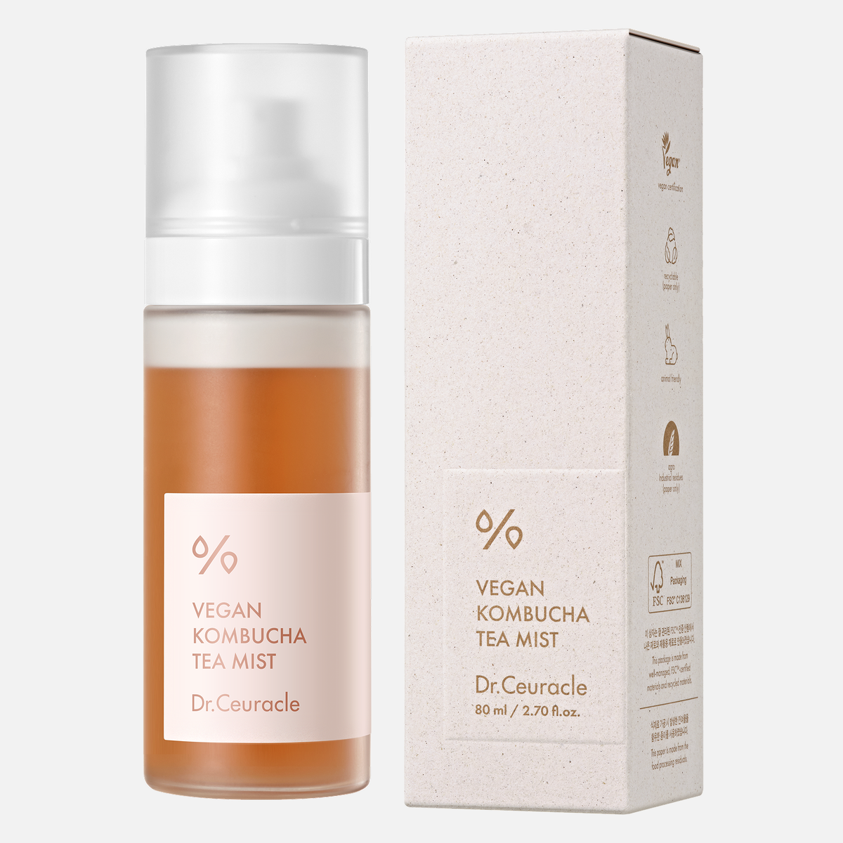 Dr.Ceuracle Vegan Kombucha Tea Mist 80ml bottle beside matching carton