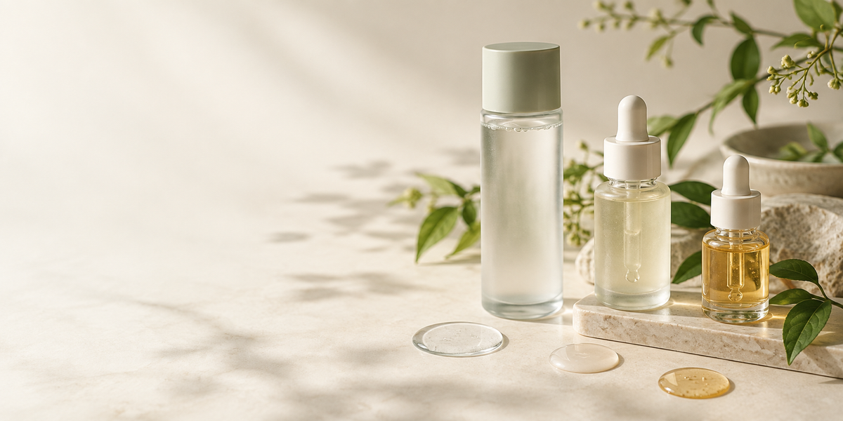 Korean essence, serum and ampoule formats in a premium skincare editorial still life