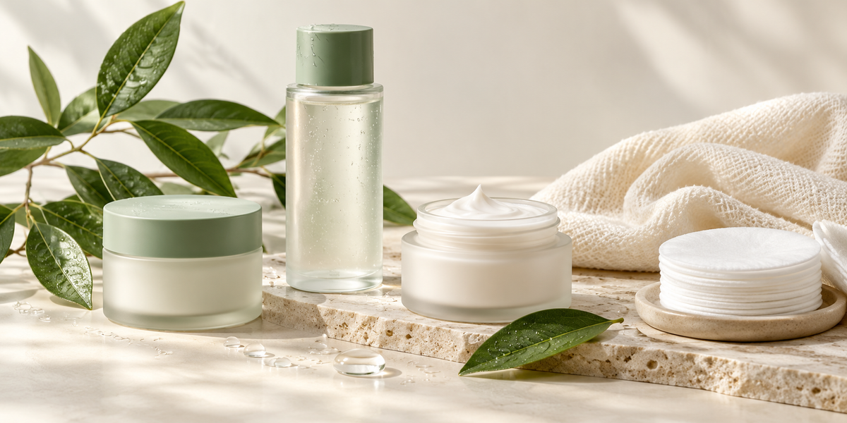 Premium Korean skincare still life with unbranded cleanser, toner, moisturizer and toner pads