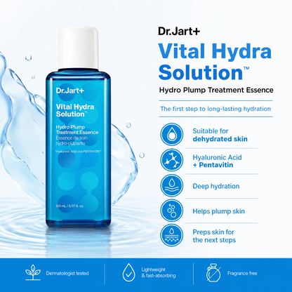 Dr.Jart+ Vital Hydra Solution Hydro Plump Treatment Essence in a blue bottle with a white cap, shown on a white background with water splash graphics and product feature text.