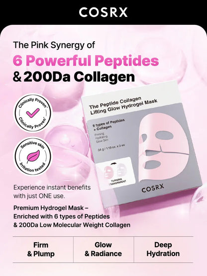 COSRX three-mask Peptide Collagen Hydrogel pack with six peptides and 200 Da collagen