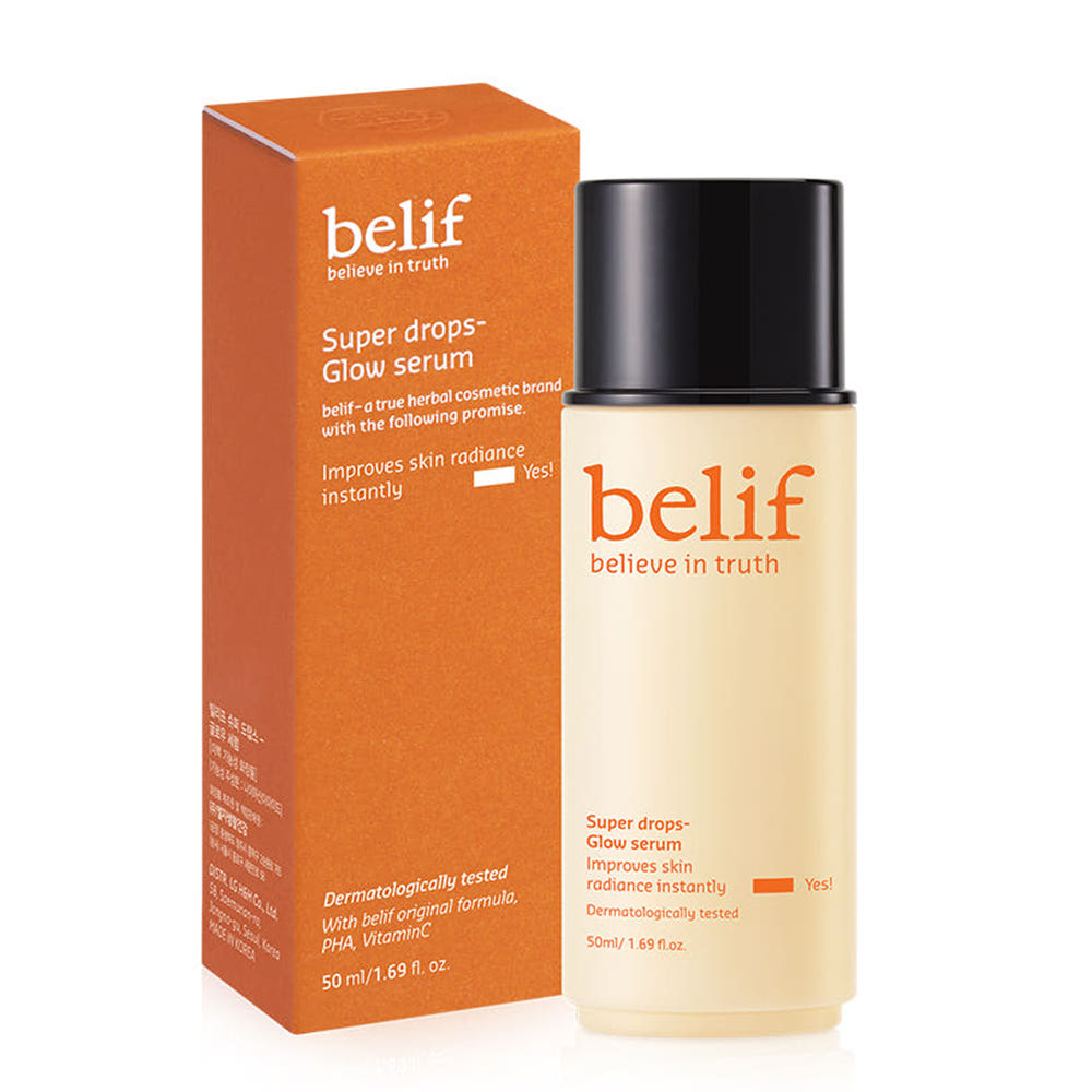 belif Super Drops Glow Serum 50ml bottle and carton, front view
