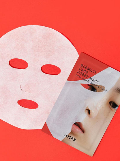 COSRX AC Collection Blemish Care Sheet Mask sachet beside the cellulose sheet