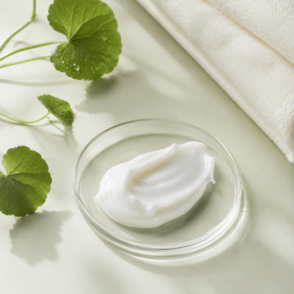 Lifestyle image: sleeping mask cream texture with cica leaves; supplementary visual